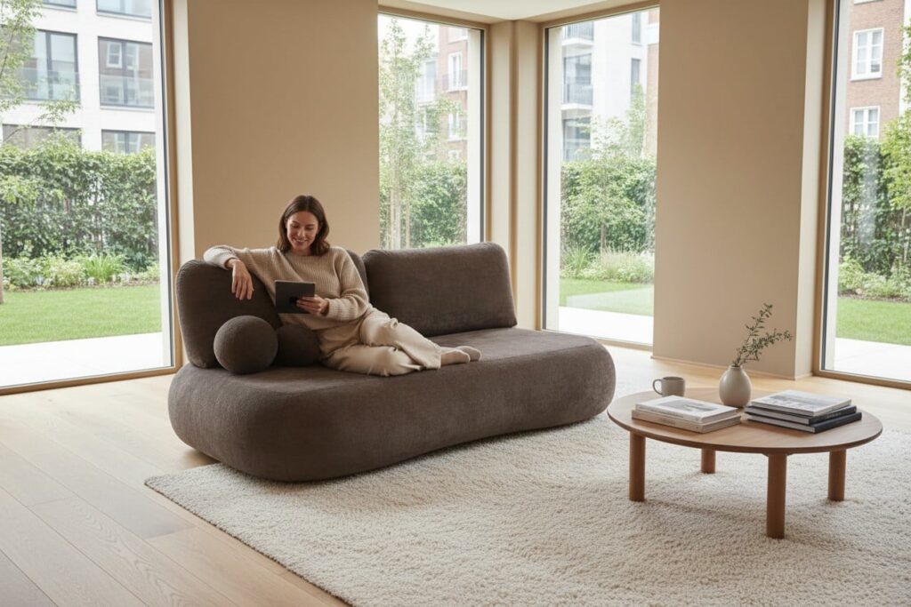 Cechy stylu minimalistycznego - kobieta leżąca w minimalistycznie urządzonym salonie